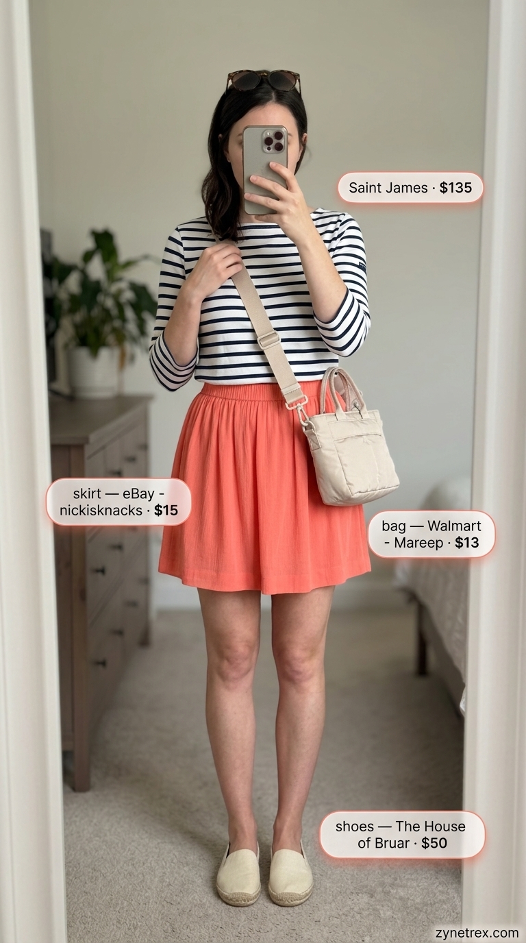 Preppy summer skirt outfits 2026: Coral mini skirt, Breton top, espadrilles for coastal cruise.