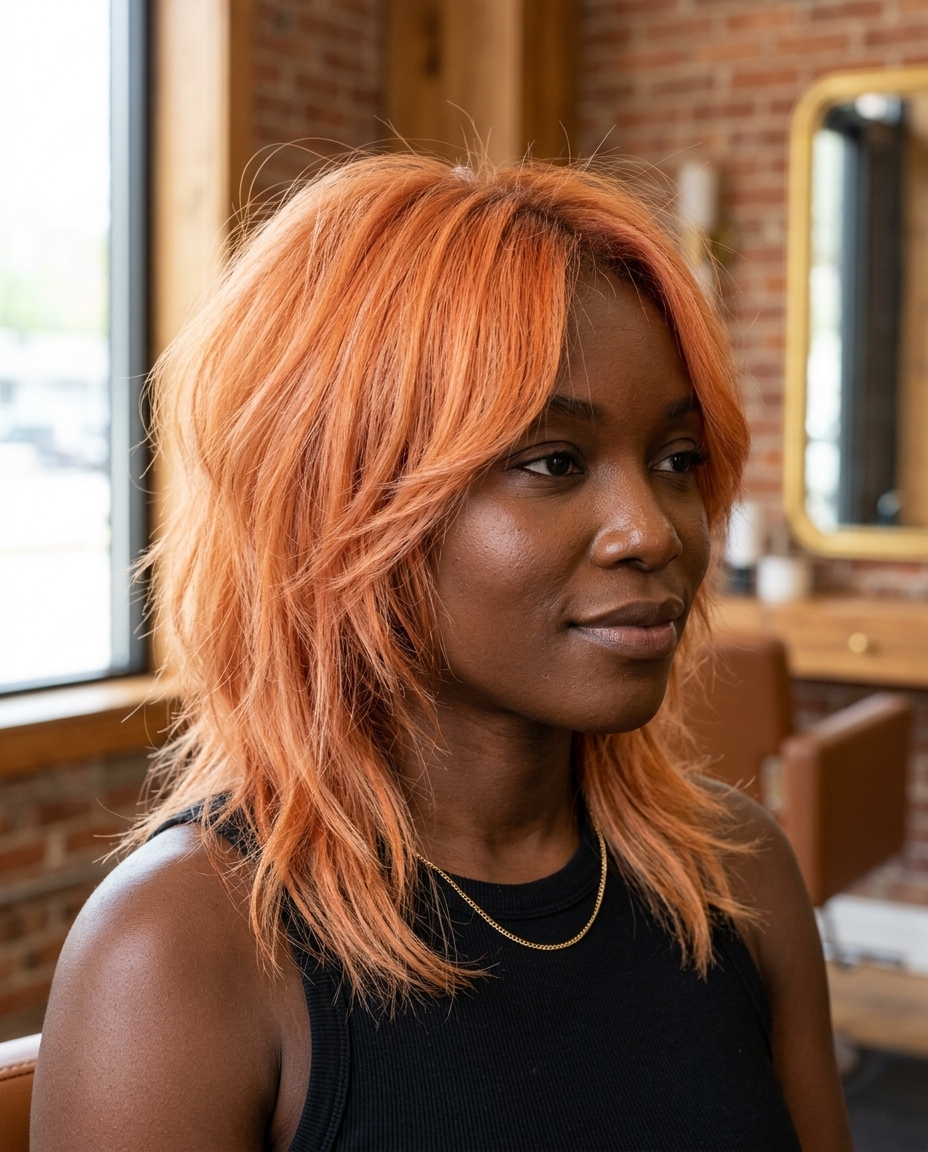 medium apricot crush shag haircut with choppy layers and piecey fringe, natural texture — playful festival look