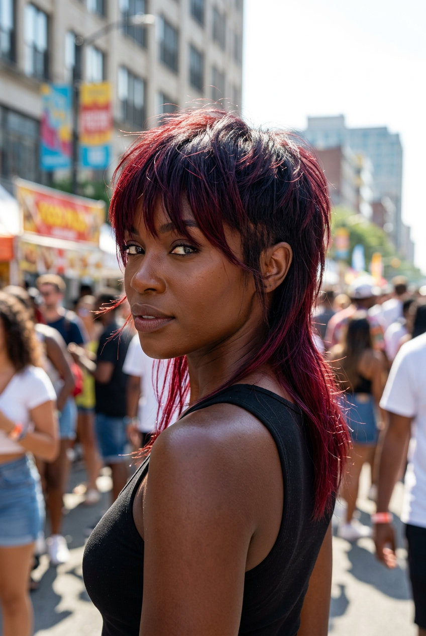 contemporary mullet haircut with cherry cola red hair, choppy layers, and eyebrow-skimming fringe for festivals