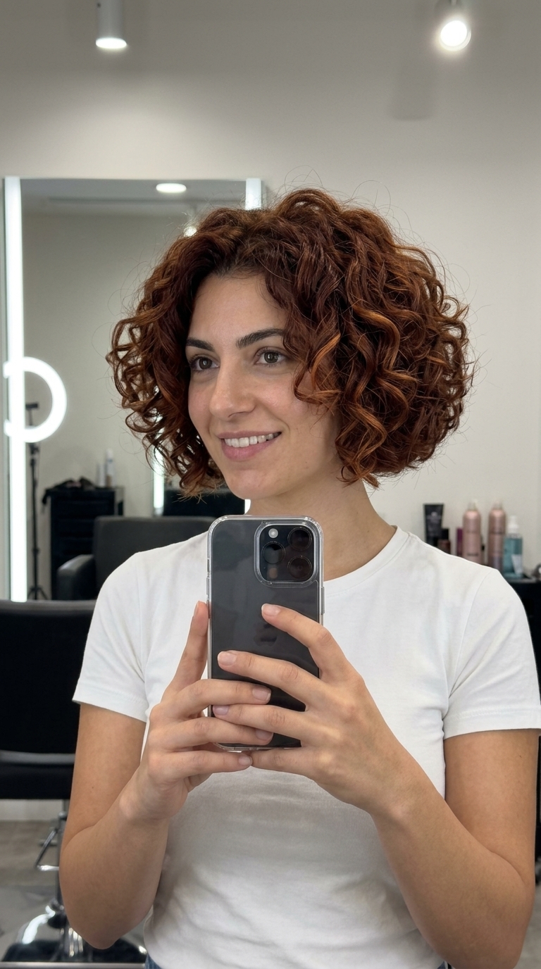 short italian bob haircut with deep copper, point cut textured curls for bold vibrant