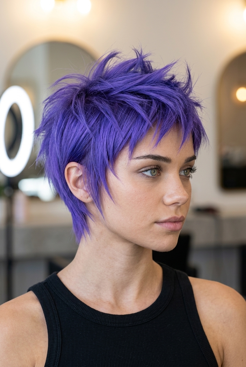 short electric violet bob haircut with textured layers and choppy fringe for music festival
