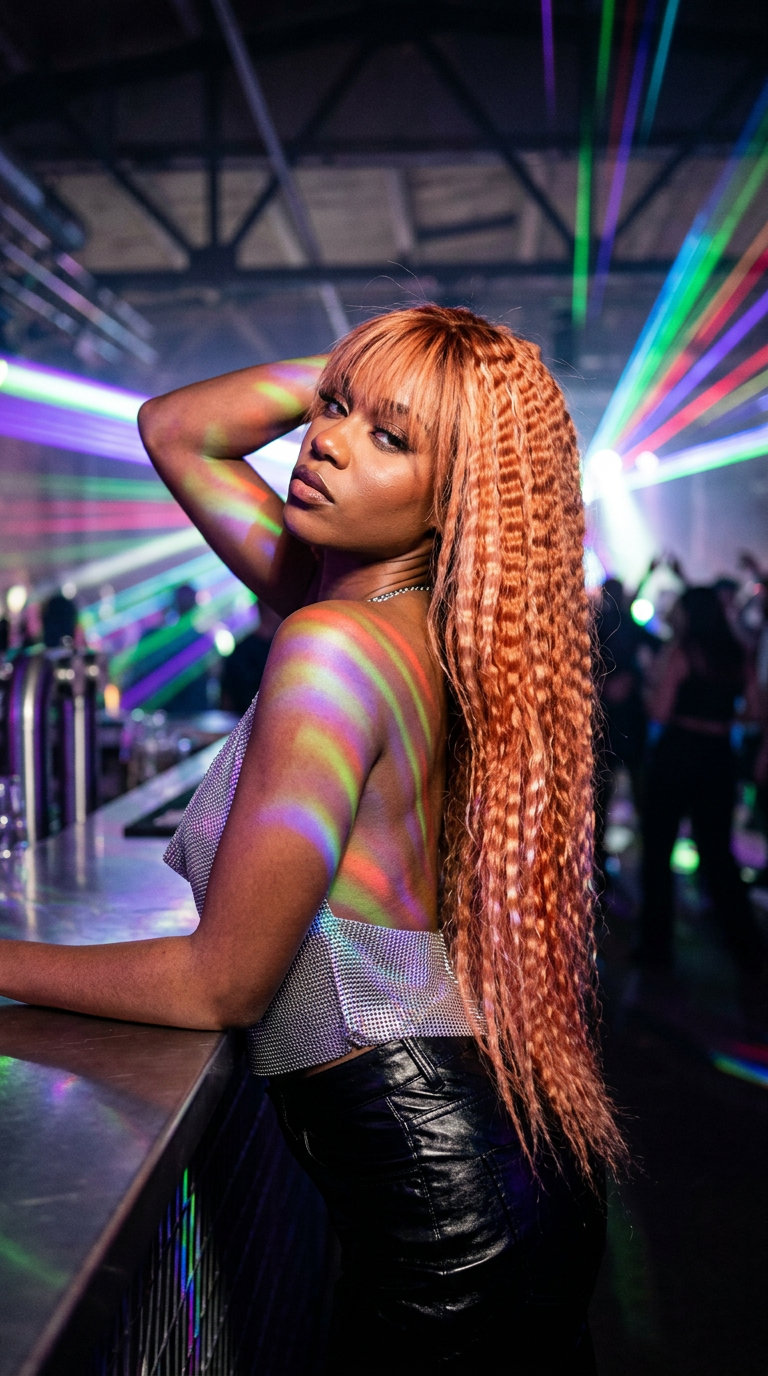 extra-long hair with peach fuzz copper, strawberry blonde streaks, crimped texture, wispy bangs for edgy