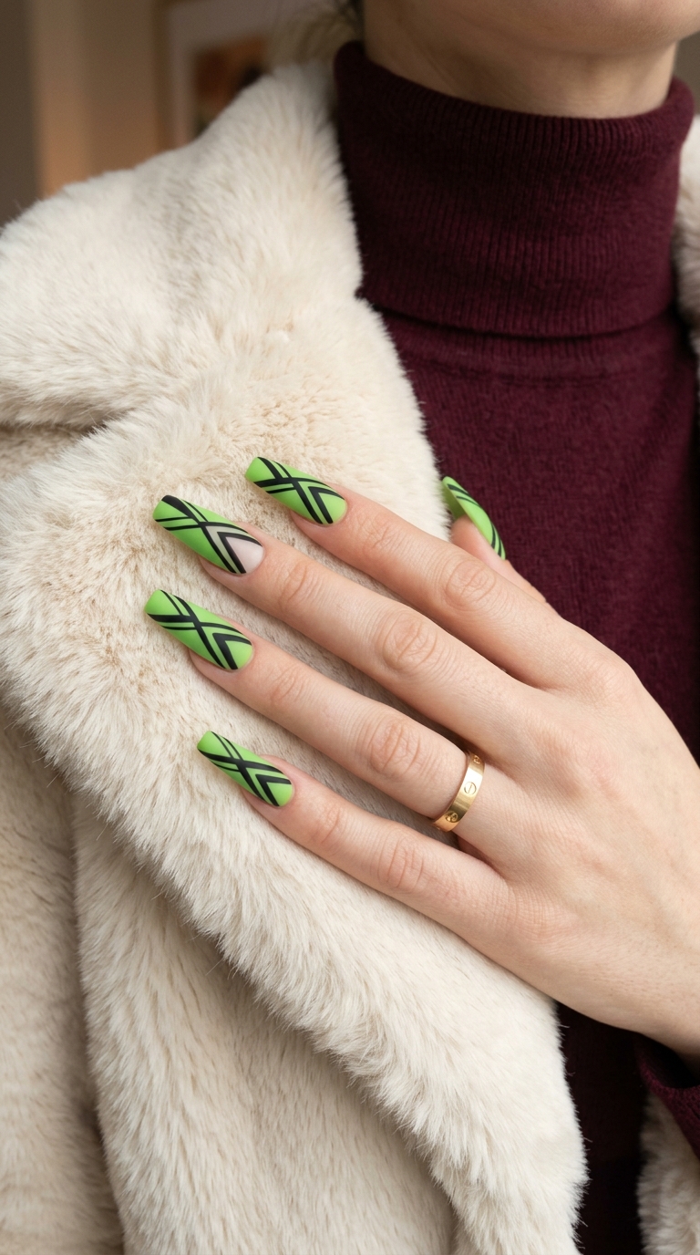 Jungle Geometry Lime Green nails: edgy lime green lines on white/black for parties & festivals. Tropical nail designs 2026.